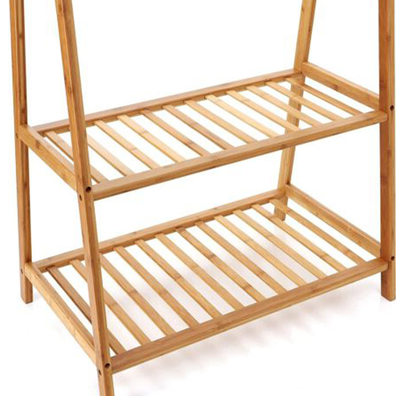 Bamboo Clothes Rack Portable Extra Large Garment Rack 2-Tire Storage Box Shelves For Entryway and Bed Room