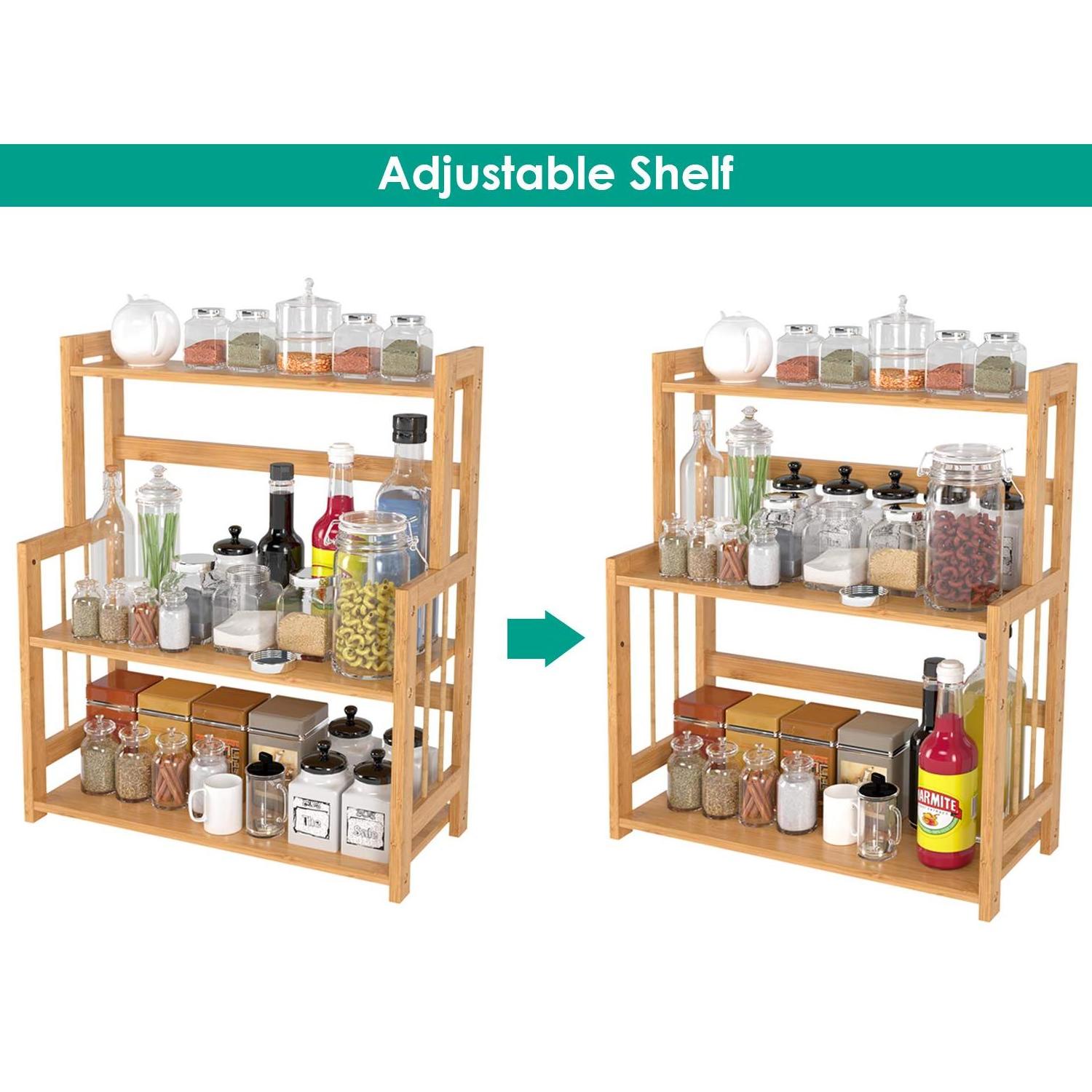 Multifunctional Adjustable Bamboo Spice Rack Shelf Kitchen Countertop Storage Organizer