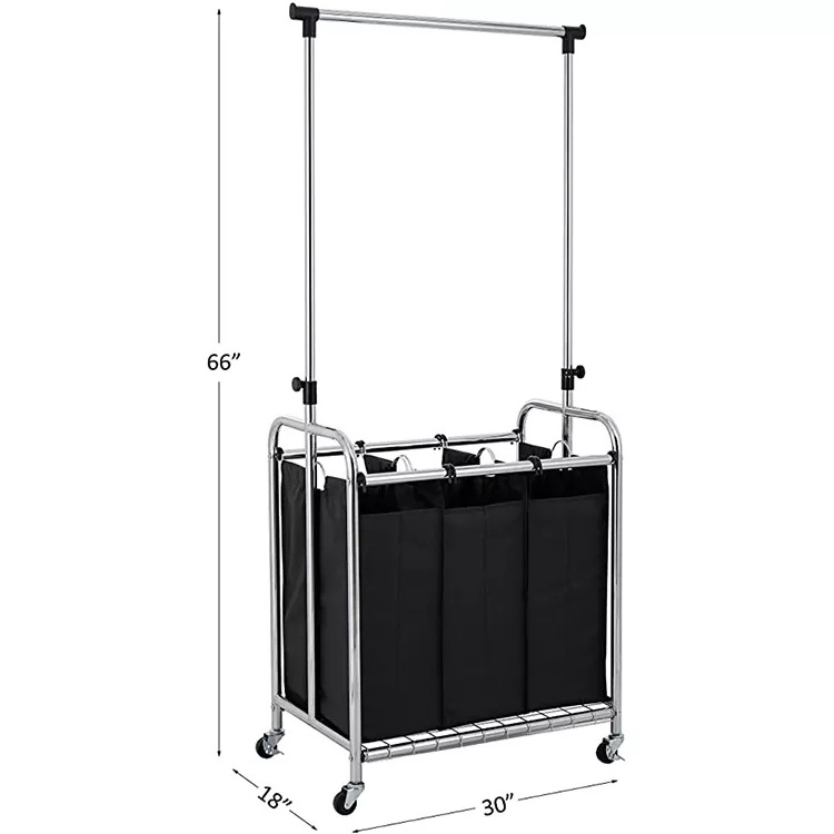 3 Bag Rolling Laundry Sorter Cart with Hanging Bar Heavy-Duty Wheels & Larger Bags