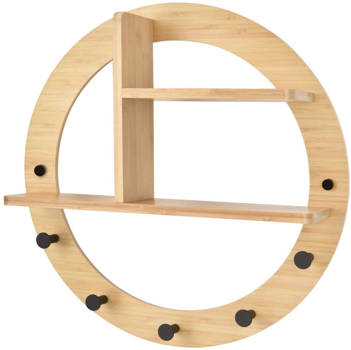 Wall Mount Decorative Round Bamboo  Space-Saving Hanger Coat Hooks with Shelf