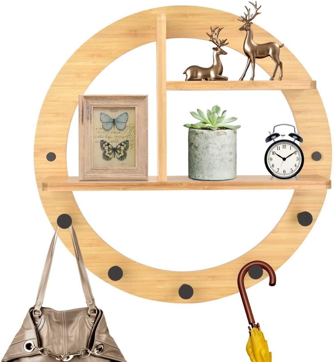 Wall Mount Decorative Round Bamboo  Space-Saving Hanger Coat Hooks with Shelf