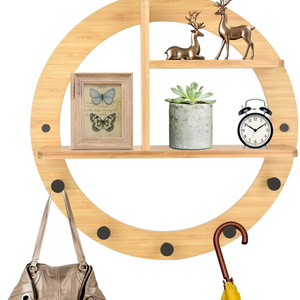 Wall Mount Decorative Round Bamboo  Space-Saving Hanger Coat Hooks with Shelf