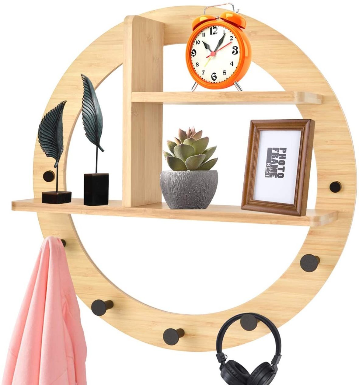 Wall Mount Decorative Round Bamboo  Space-Saving Hanger Coat Hooks with Shelf