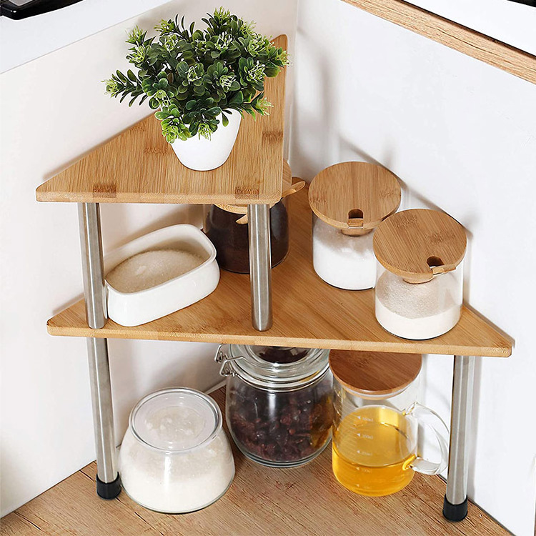 2 Tier Spice Rack-Standing Pantry Cabinet Storage Shelf Creative Adjustable Style Compact Bamboo Counter Shelving Corner Shelves