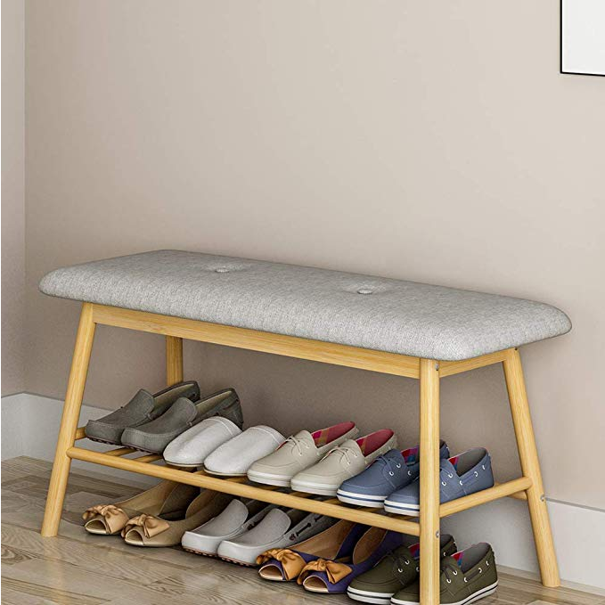 Bamboo Shoe Bench Storage with Cushion Upholstered Padded Seat Storage Shelf Bench