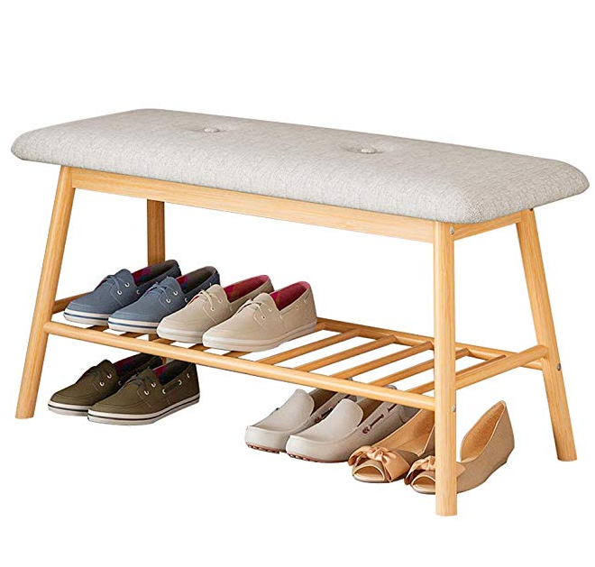 Bamboo Shoe Bench Storage with Cushion Upholstered Padded Seat Storage Shelf Bench