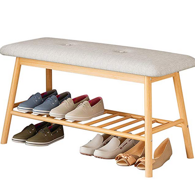 Bamboo Shoe Bench Storage with Cushion Upholstered Padded Seat Storage Shelf Bench