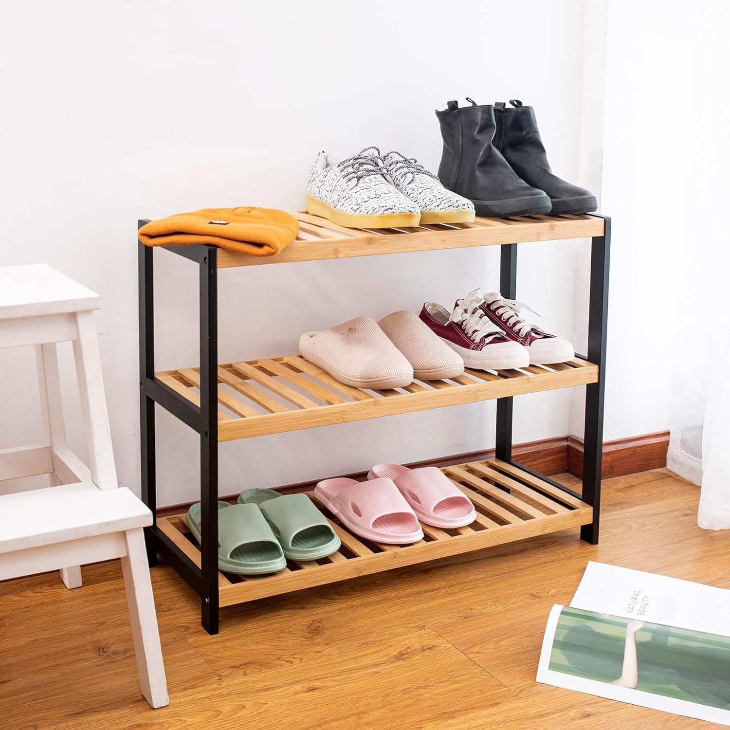 Many colours sizes 3 tier bamboo shoe rack factory wholesale price affordable household shoe rack storage shelf