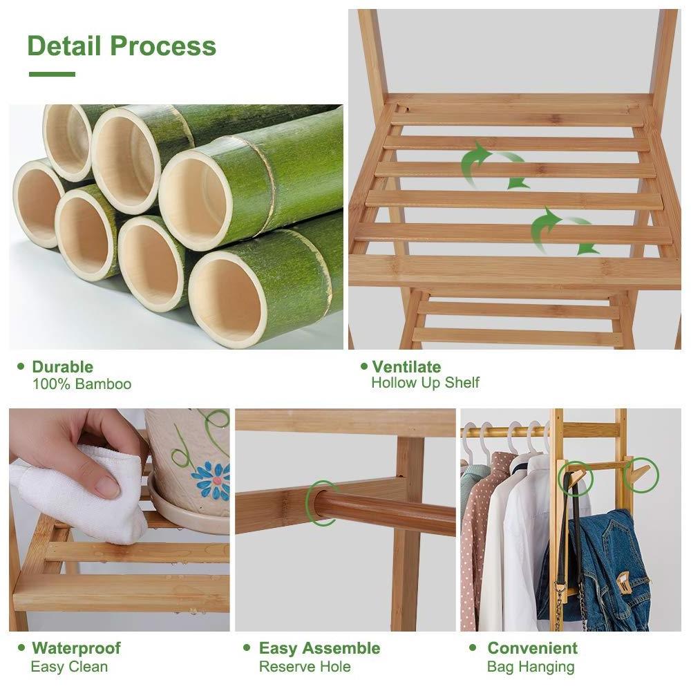 Bamboo Garment Rack with Shelves Clothes Drying Hanging Rack Plant Stand Shoe and Coat Storage In Home Laundry Room