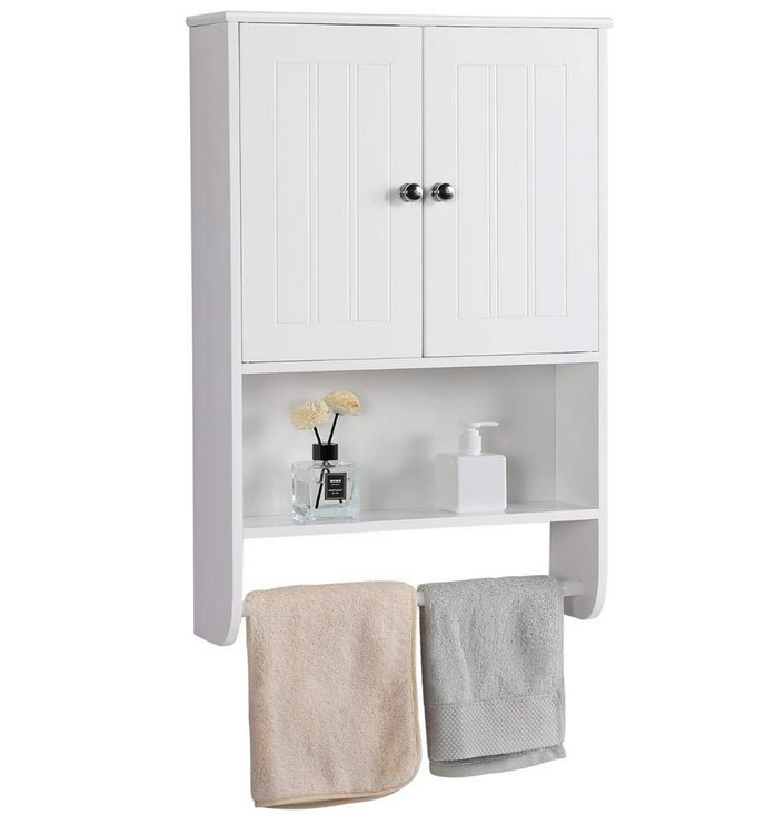 White Bathroom Organizer Cupboard Wall Mounted Cabinet - Double Door Adjustable Shelves with Hanging Bar