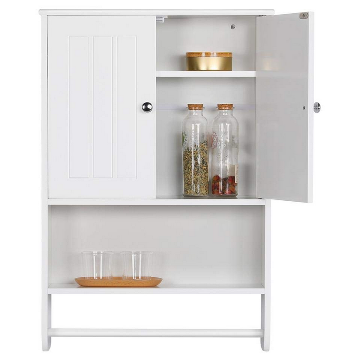 White Bathroom Organizer Cupboard Wall Mounted Cabinet - Double Door Adjustable Shelves with Hanging Bar