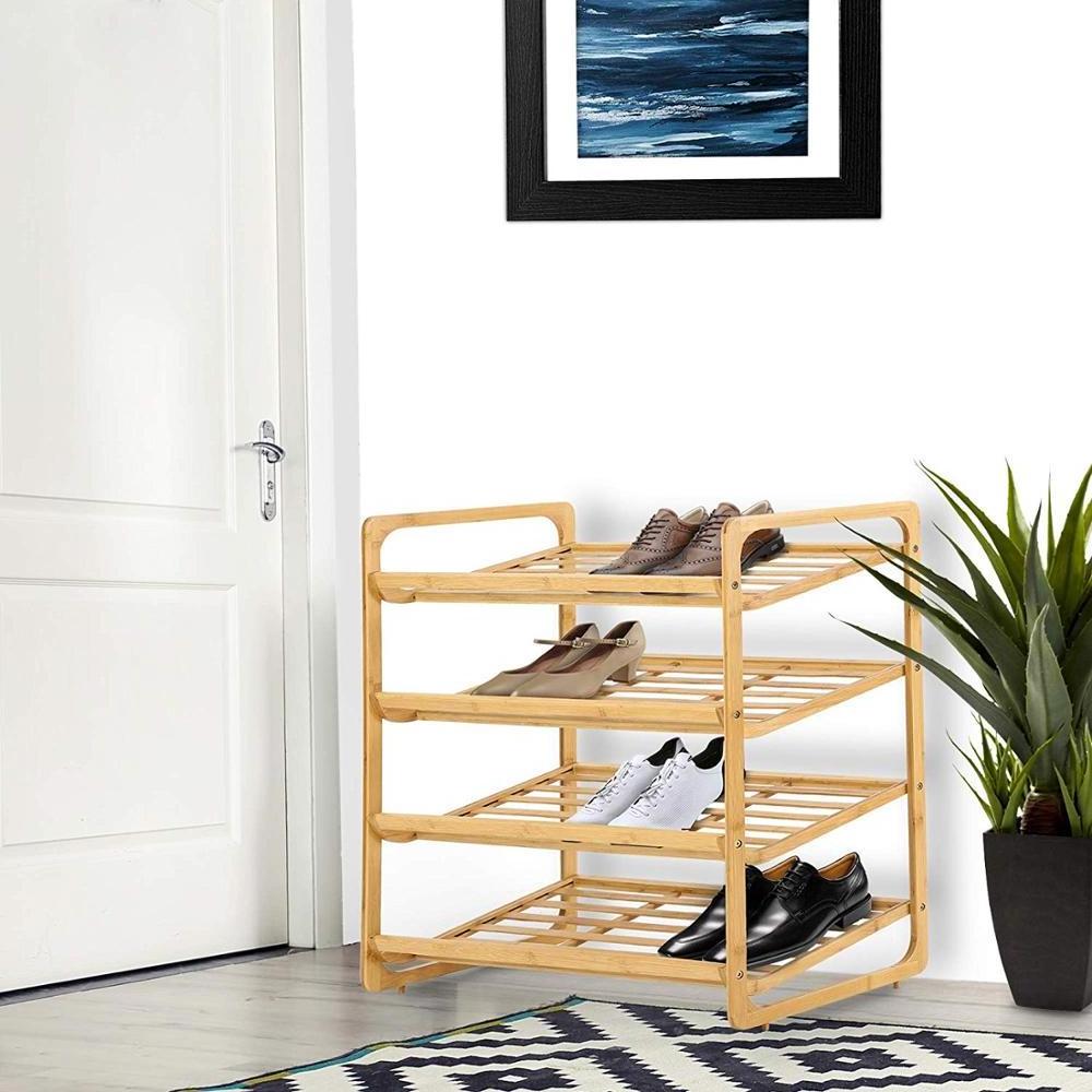 4 Tier Bamboo Shoe Rack Natural &Strong Heavy Duty Durable Wooden Shoe Rack Stand Storage Organiser