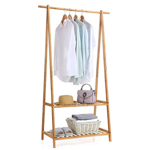 Coat Clothes Hanging  Rack with Top Shelf and 2-tier Shoe Clothing Storage Bamboo Garment Rack