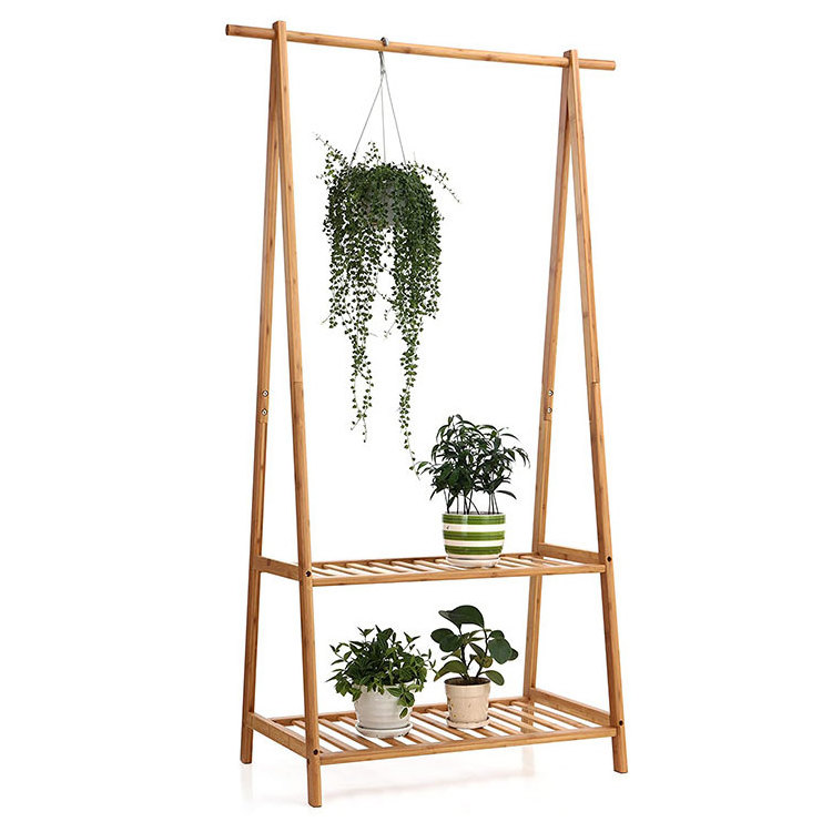 Coat Clothes Hanging  Rack with Top Shelf and 2-tier Shoe Clothing Storage Bamboo Garment Rack