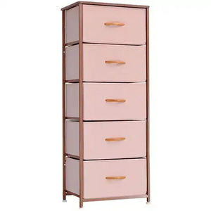 Vertical Dresser Storage Tower, 5 Fabric Drawer Organizer Unit for Bedroom, Living Room, Closet, Rose Gold