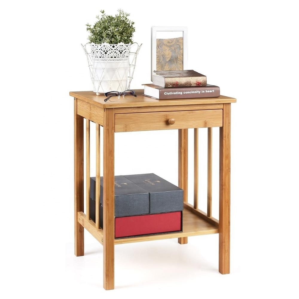 Bamboo Nightstand with Drawer and Shelf Storage Multipurpose End Side Table