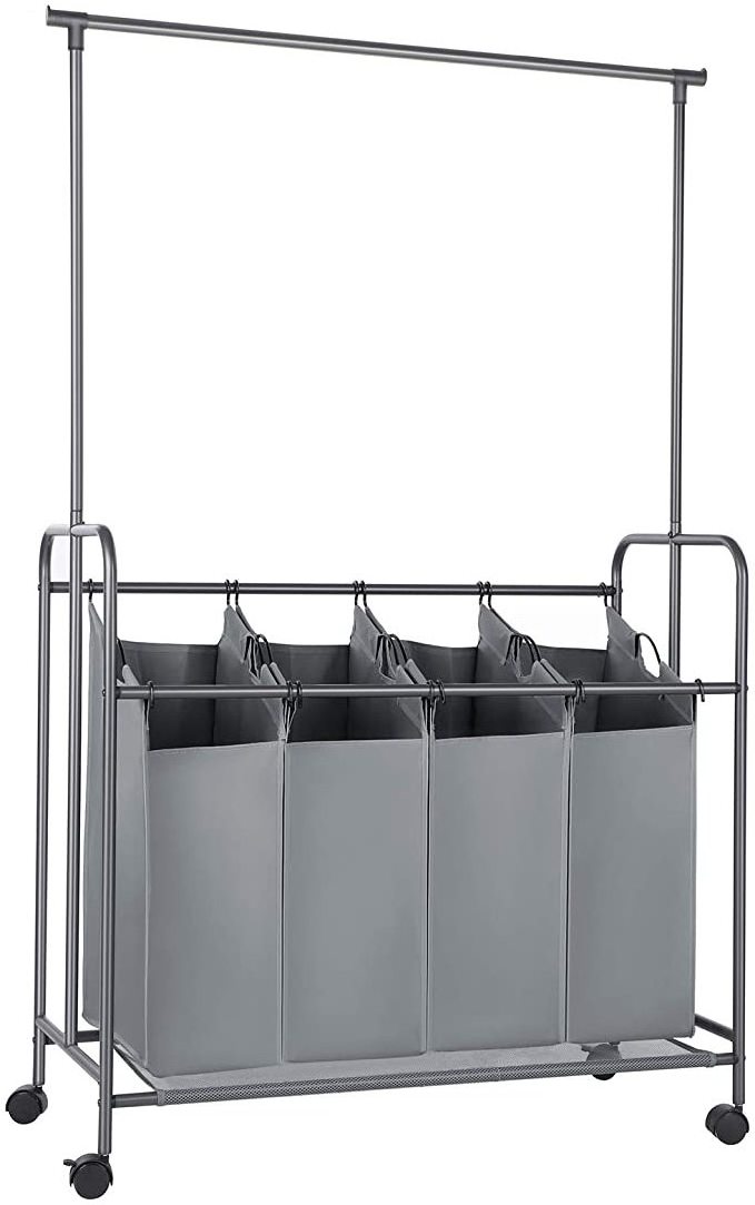 4-Bag Laundry Sorter, Rolling Laundry Cart with Hanging Bar, Heavy-Duty Wheels, Gray