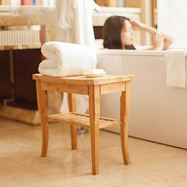 Bamboo Bathroom Spa Shower Bench Foot Stool Bathing Seat with Storage Shelf