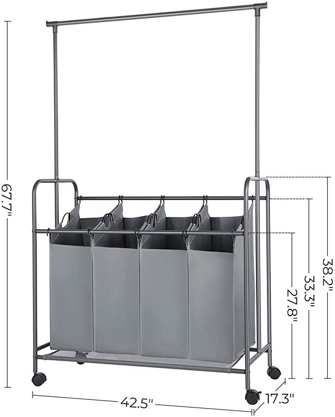 4-Bag Laundry Sorter, Rolling Laundry Cart with Hanging Bar, Heavy-Duty Wheels, Gray