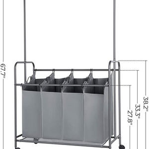 4-Bag Laundry Sorter, Rolling Laundry Cart with Hanging Bar, Heavy-Duty Wheels, Gray