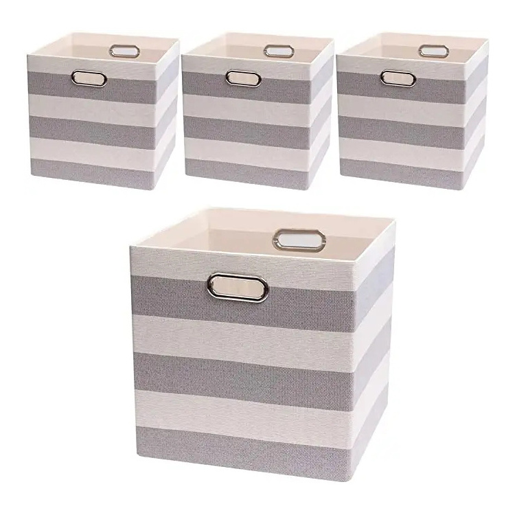 4 Pack Fabric Storage Boxes Foldable Baskets Containers Drawers for Nurseries Offices Closets Grey-White Stripe