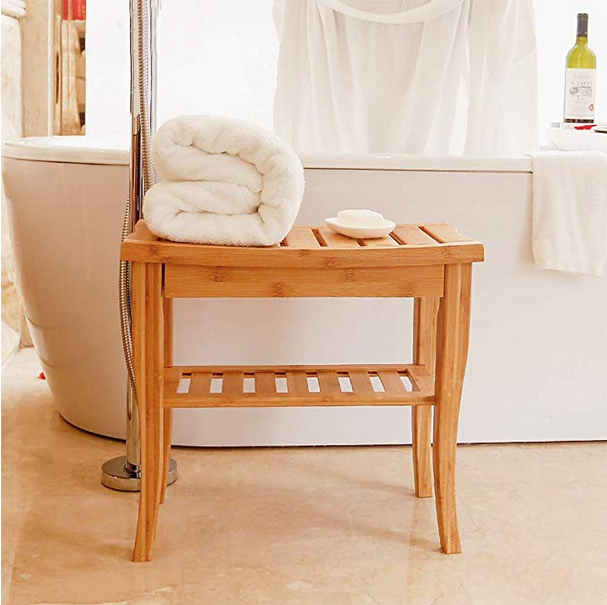 Bamboo Bathroom Spa Shower Bench Foot Stool Bathing Seat with Storage Shelf