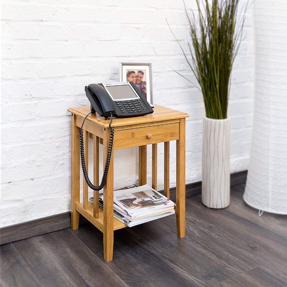 Bamboo Night Stand with Drawer and Shelf Bedside Table Furniture