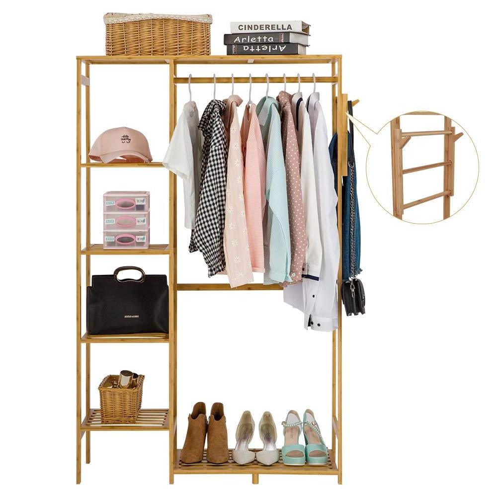 Bamboo Garment Rack with Shelves Clothes Drying Hanging Rack Plant Stand Shoe and Coat Storage In Home Laundry Room