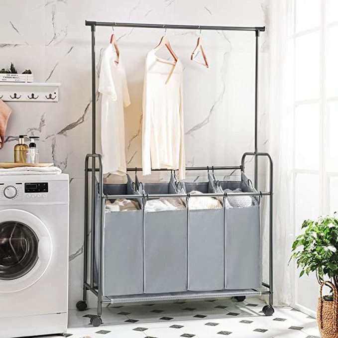 4-Bag Laundry Sorter, Rolling Laundry Cart with Hanging Bar, Heavy-Duty Wheels, Gray