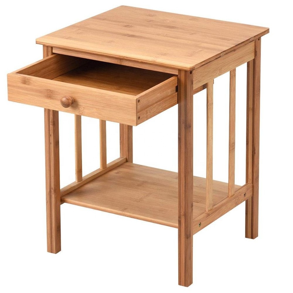 Bamboo Nightstand with Drawer and Shelf Storage Multipurpose End Side Table