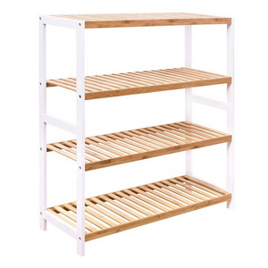 4 Tier Natural Bamboo Shoe Rack White Side Stand Shelf Bedroom,Bathroom,Living Room Organizer Holder Storage for 16 pairs