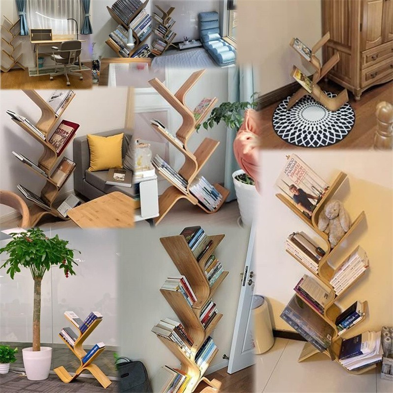 Wholesale Household Custom 6-Tier Bamboo Tree Modern Creative Curved Standing Bookshelf