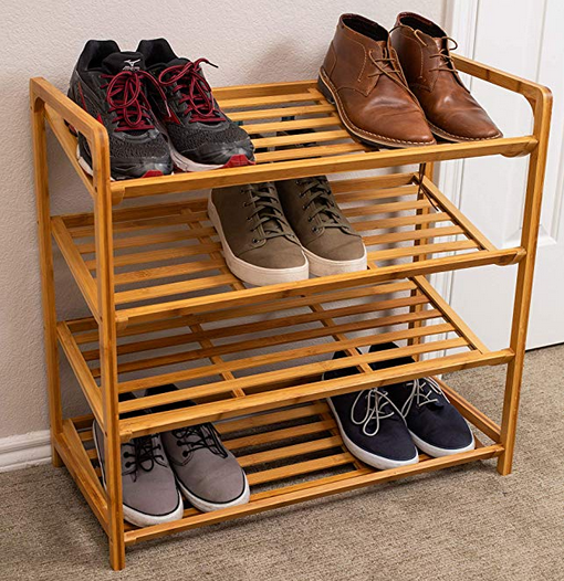 4 Tier Bamboo Shoe Rack Shelf Natural Durable Eco- Friendly Organizer  Fits 9-12 Shoes