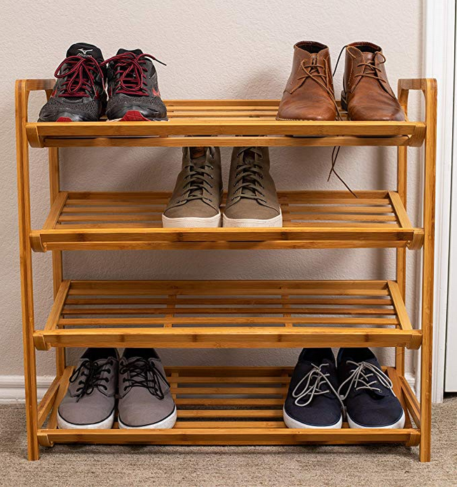 4 Tier Bamboo Shoe Rack Shelf Natural Durable Eco- Friendly Organizer  Fits 9-12 Shoes