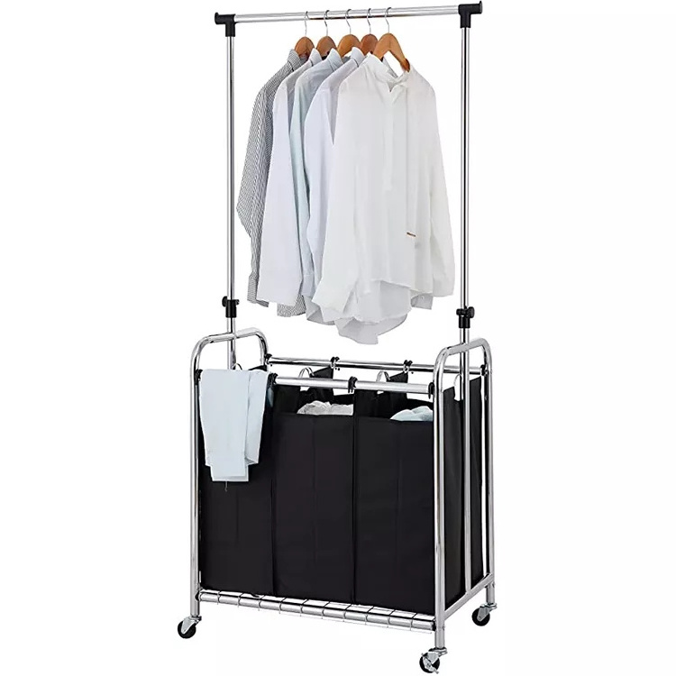 3 Bag Rolling Laundry Sorter Cart with Hanging Bar Heavy-Duty Wheels & Larger Bags