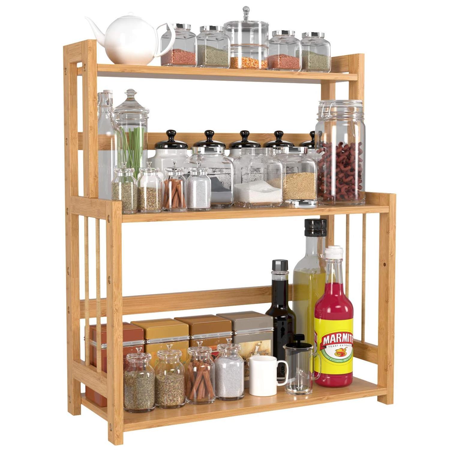 Multifunctional Adjustable Bamboo Spice Rack Shelf Kitchen Countertop Storage Organizer