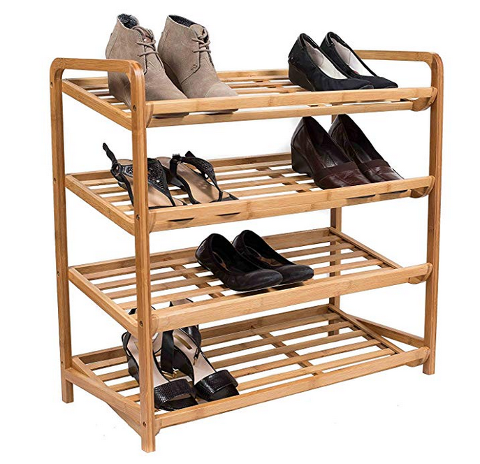 4 Tier Bamboo Shoe Rack Shelf Natural Durable Eco- Friendly Organizer  Fits 9-12 Shoes