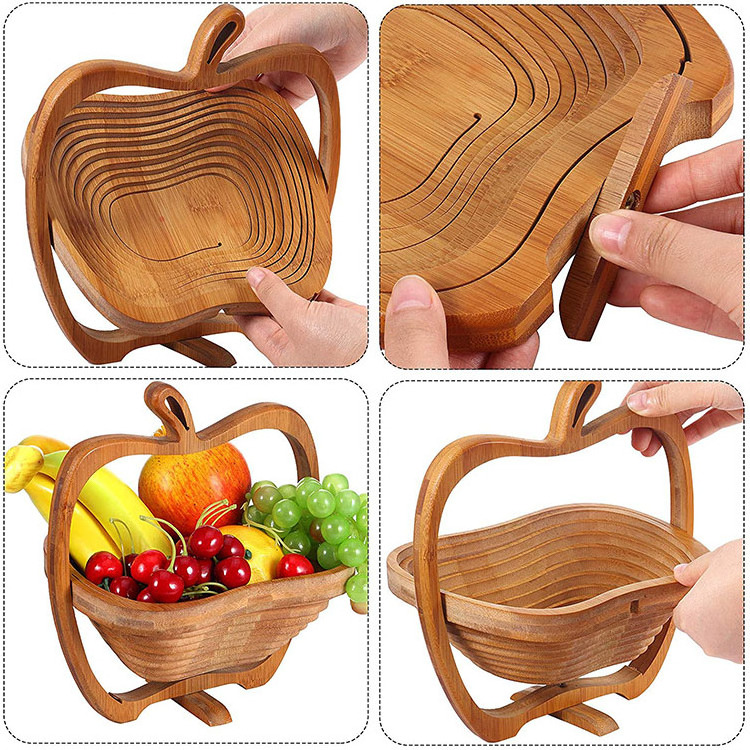 Custom Apple Shape Bamboo Collapsible Fruit Gift Basket with Handle