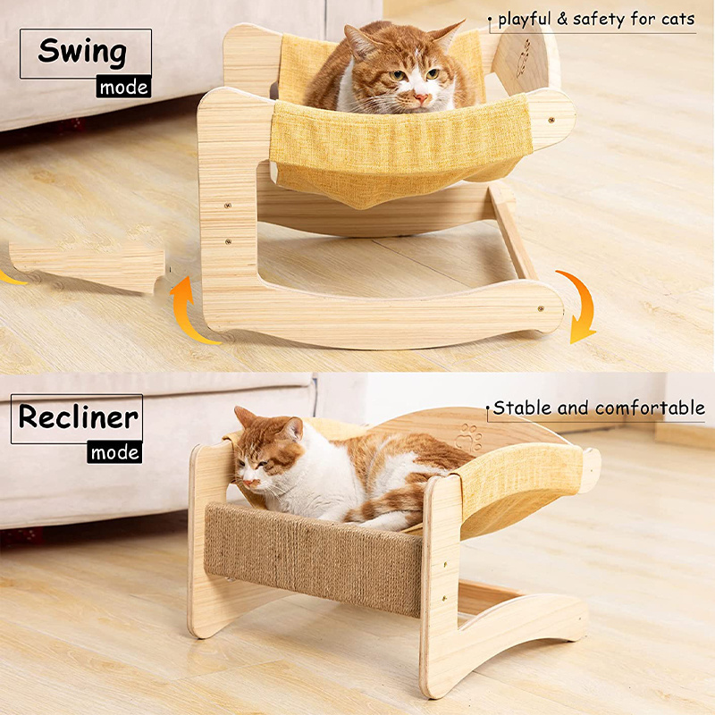 Multi-functional Cat Hammock Bed for Indoor Cats Swing Chair Wooden Elevated Pet Bed