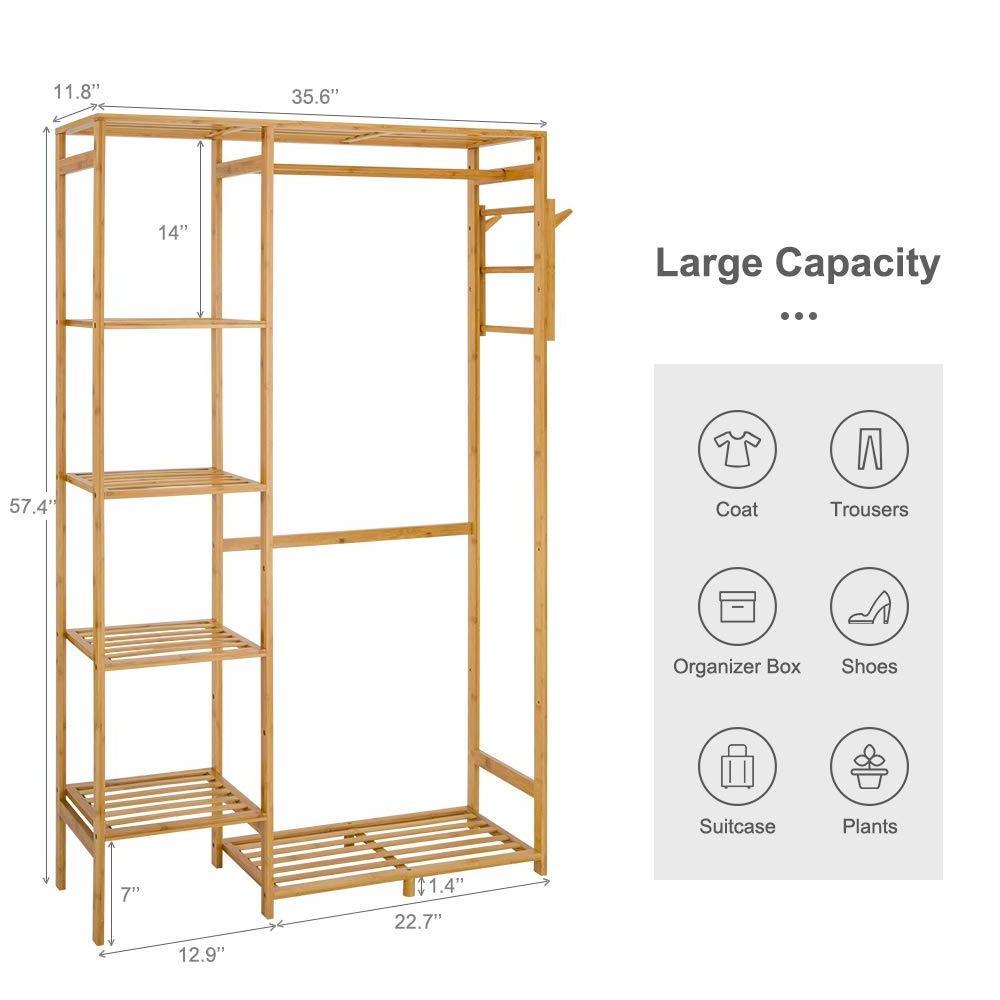 Bamboo Garment Rack with Shelves Clothes Drying Hanging Rack Plant Stand Shoe and Coat Storage In Home Laundry Room