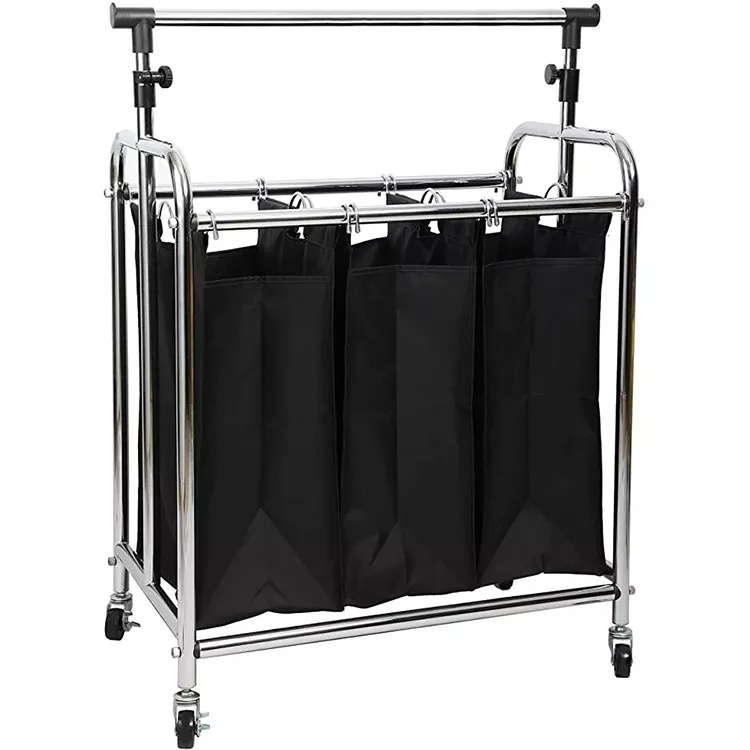 3 Bag Rolling Laundry Sorter Cart with Hanging Bar Heavy-Duty Wheels & Larger Bags