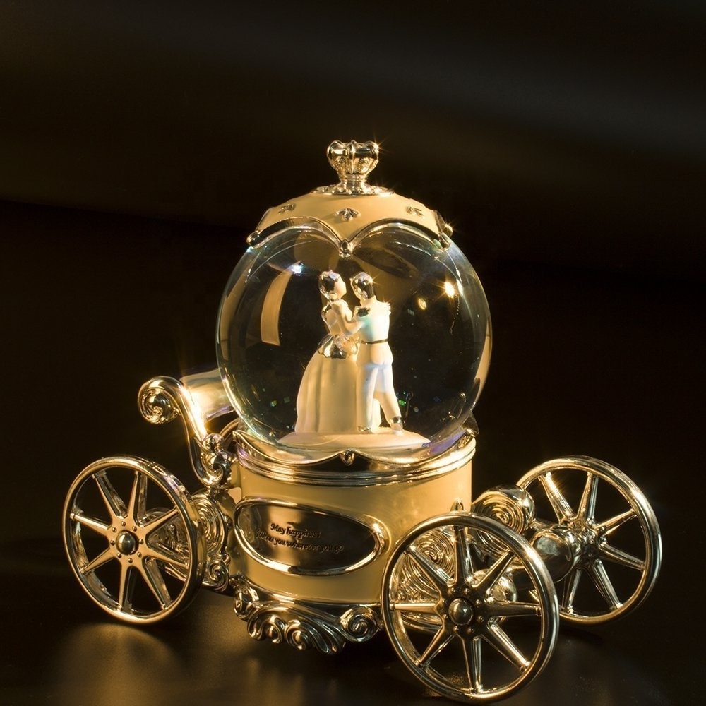 Romantic Pearl White Ivory and Silver Fairy Tale Dancer snowglobe Carriage Music Box