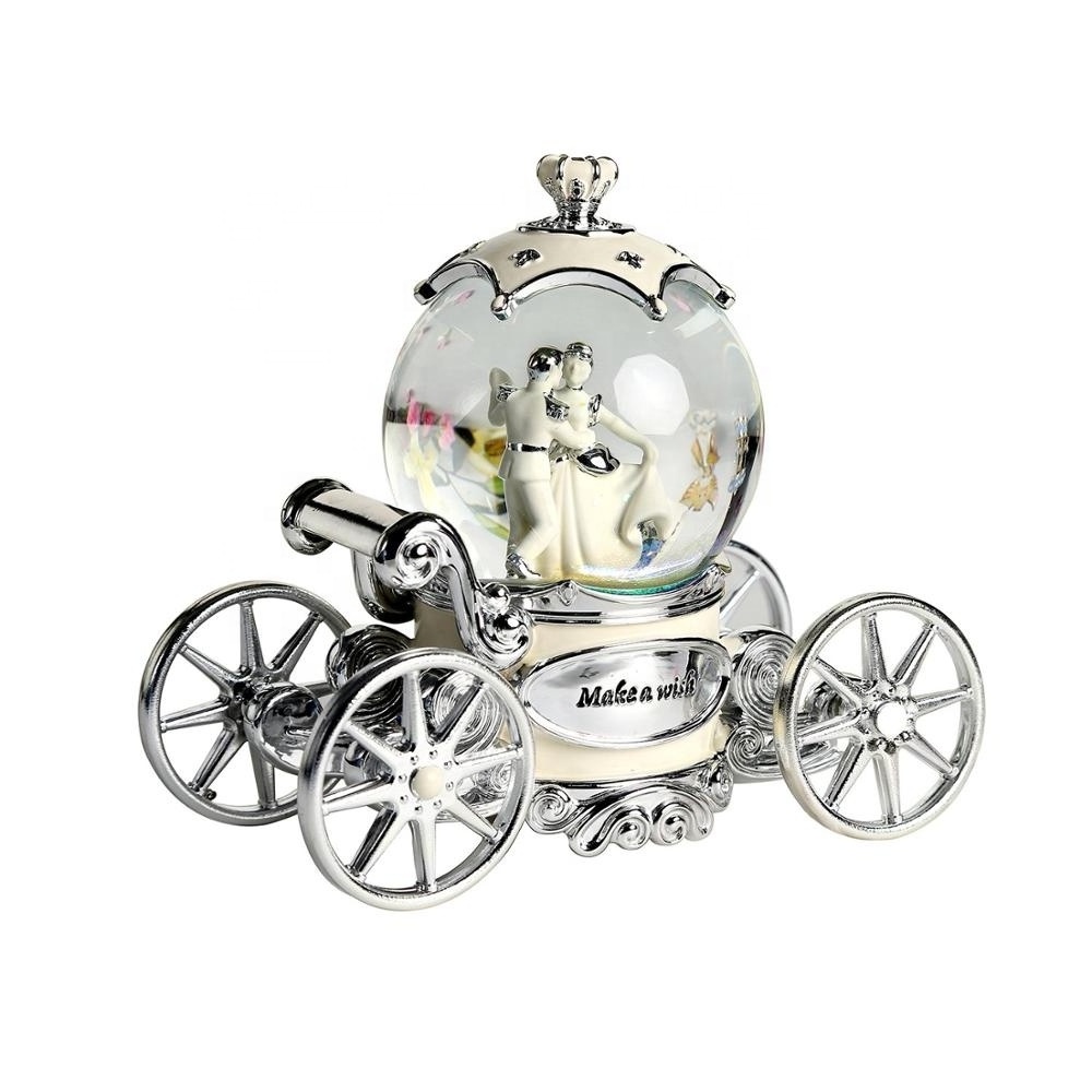 Romantic Pearl White Ivory and Silver Fairy Tale Dancer snowglobe Carriage Music Box