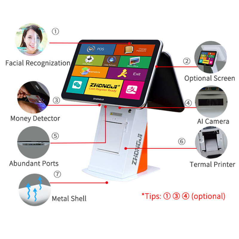 Zhongji A5 logiciel caisse, enregistreuse professionnel dual touch Screen Pos Machine Price Electronic Cash Register /