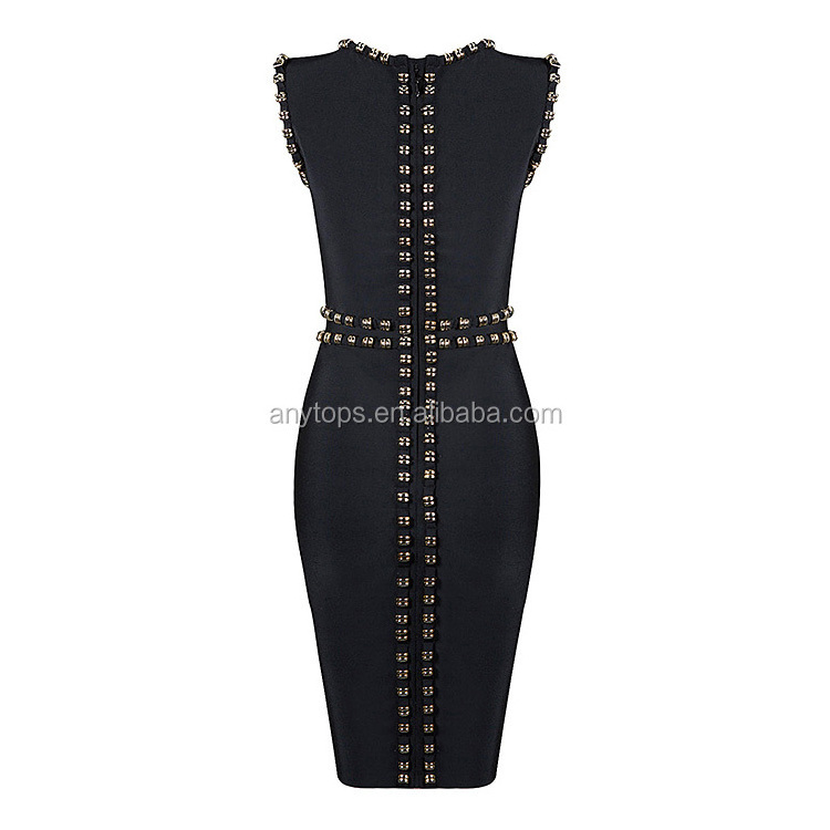 Fashion Summer Midi Lady Cocktail Black Sexy Bodycon Studded Front Split Sleeveless Bandage Dress