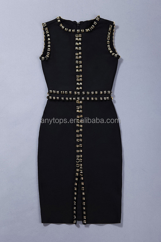 Fashion Summer Midi Lady Cocktail Black Sexy Bodycon Studded Front Split Sleeveless Bandage Dress