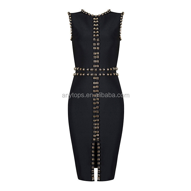 Fashion Summer Midi Lady Cocktail Black Sexy Bodycon Studded Front Split Sleeveless Bandage Dress