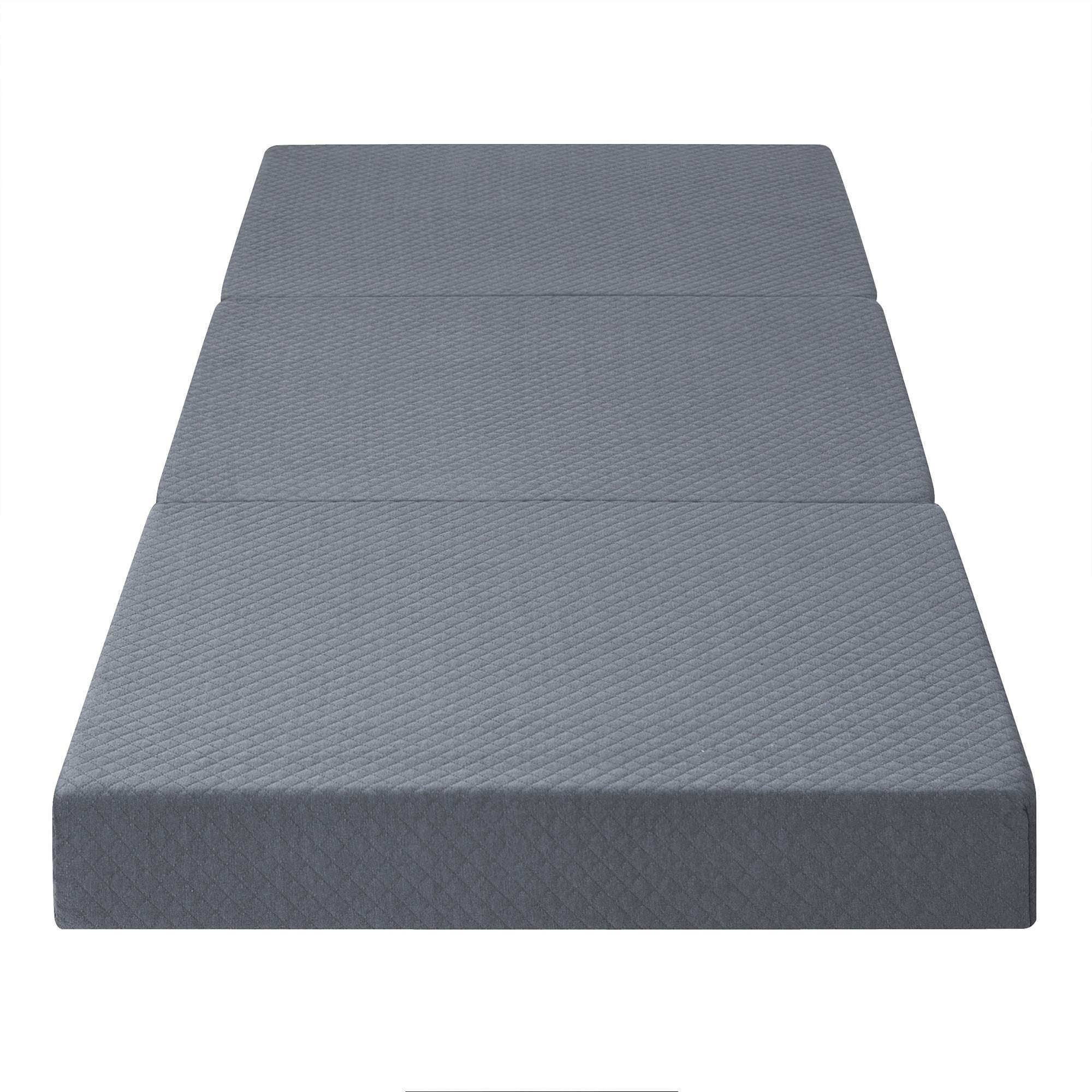 Tri-Folding Memory Foam Topper 4in Gray Single size Play Mat Foldable bed Guest beds, Portable bed