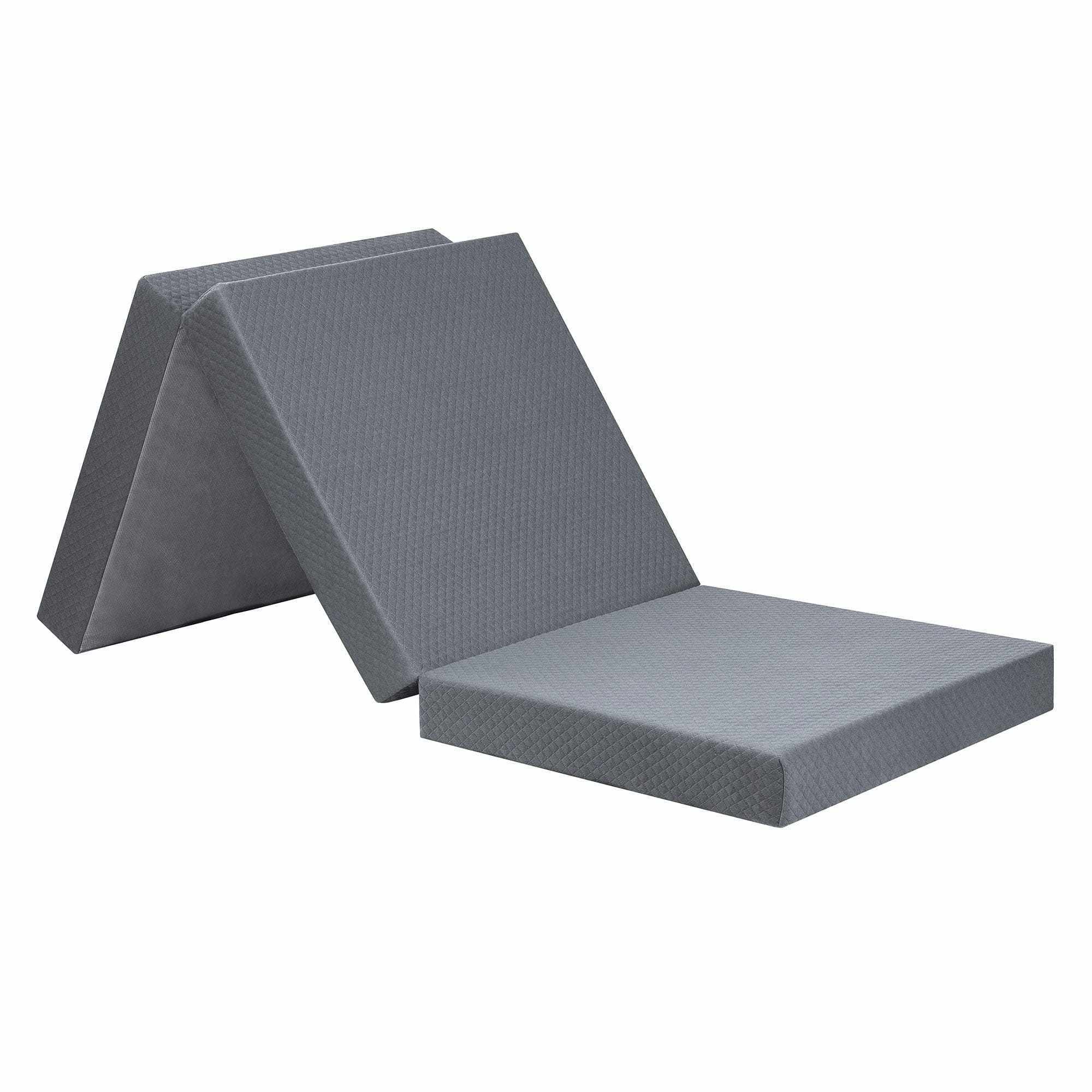 Tri-Folding Memory Foam Topper 4in Gray Single size Play Mat Foldable bed Guest beds, Portable bed