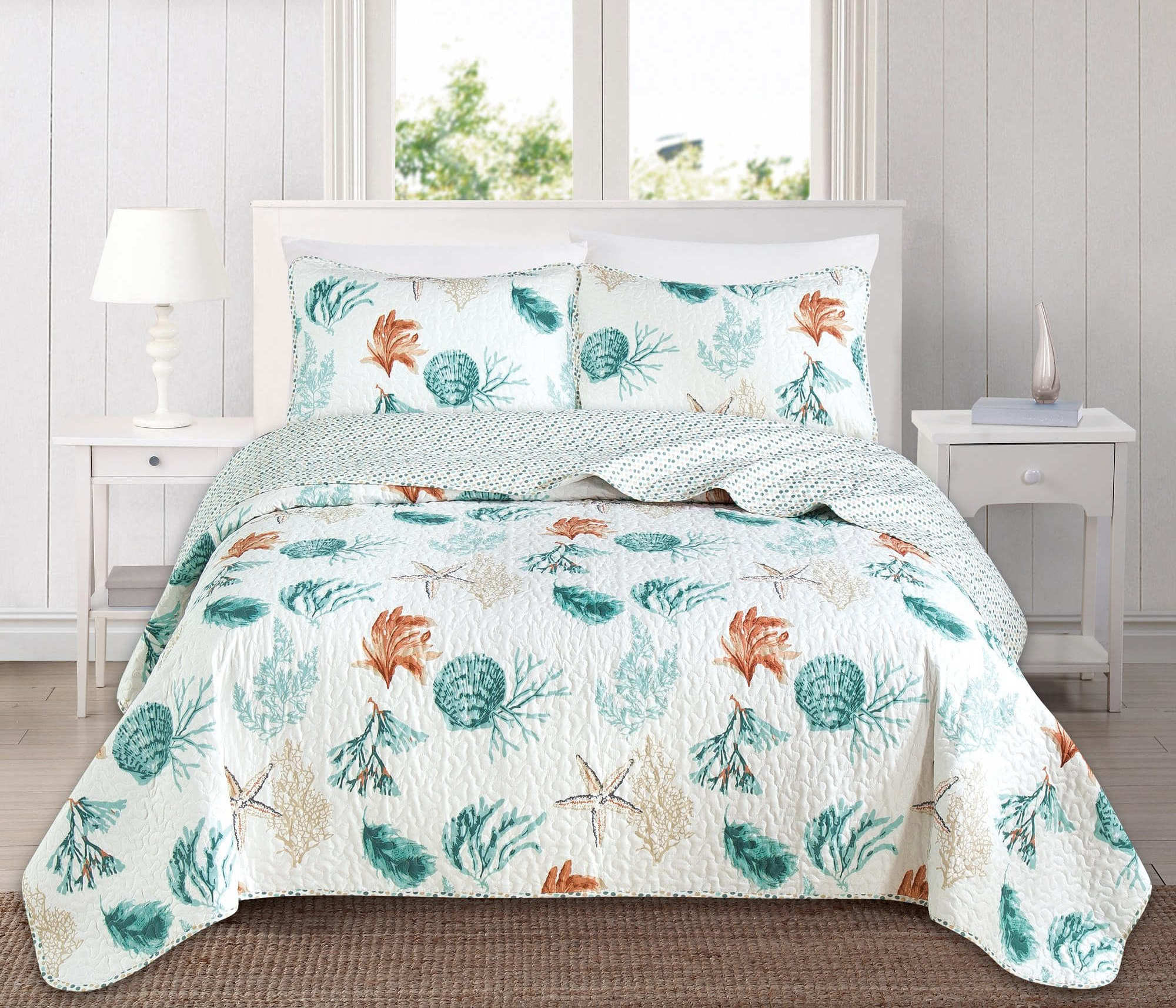 3 Piece Nautical Reversible Quilt Set with Shams 100% Brushed Microfiber Seashell Beach Theme Coastal Bedspread Coverlet